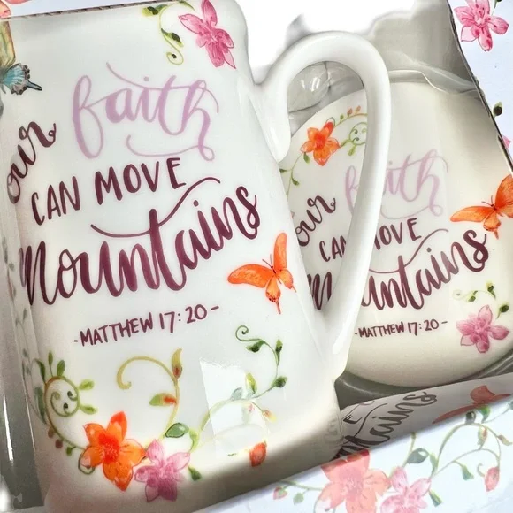 Mug Set, Faith Can Move Mountains Floral, Butterfly, Bible Verse - Picture 2 of 5